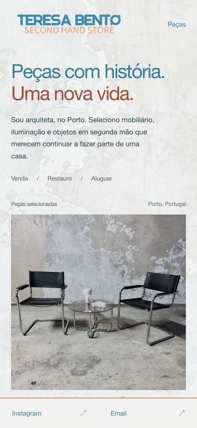 Captura real da página inicial de Teresa Bento em telemóvel. Abrir imagem completa.